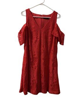 GUESS Size 14 Red Lace Cold-Shoulder V-Neck Mini Shift Dress